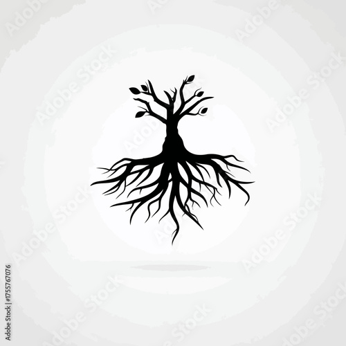 Black silhouette of a bare tree with prominent roots, on a light, textured background
