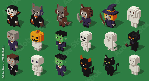 A delightful assortment of pixel art Halloween characters, including vampires, witches, and zombies, rendered in a distinctive voxel style, perfect for spooky fun.