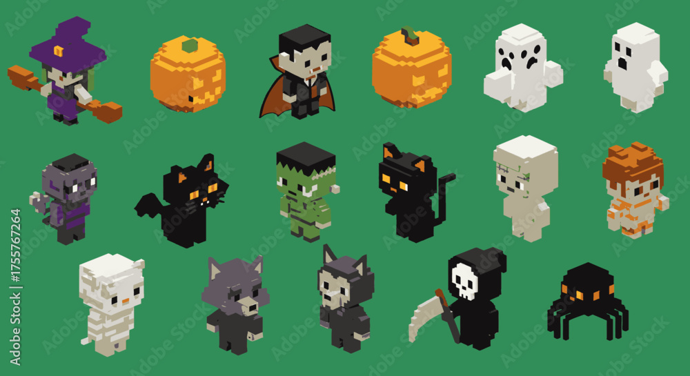 Obraz premium A charming collection of pixel art Halloween characters, featuring witches, vampires, ghosts, pumpkins, and various monsters, all on a vibrant green background.