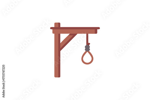 A simple wooden gallows structure with a hanging rope silhouette