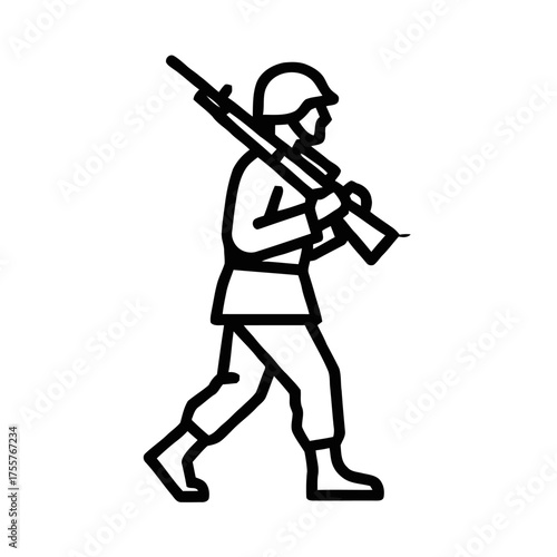 Minimalist line icon soldier marching with rifle, , representing military personnel, army, and armed forces in simple, graphic style