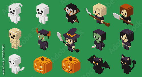 An adorable assortment of voxel-style Halloween creatures and classic symbols, rendered in a playful, blocky aesthetic on a vibrant green background.