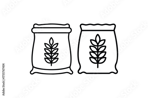 Simple drawing of two grain sacks with leafy designs a dark silhouette
