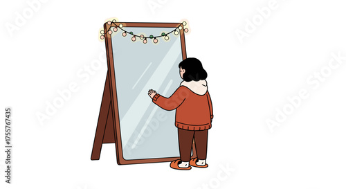 Young person looking into decorative mirror and touching glass  
