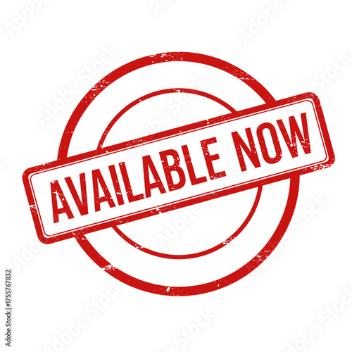 Red rubber stamp with text 'Available Now' on white background  