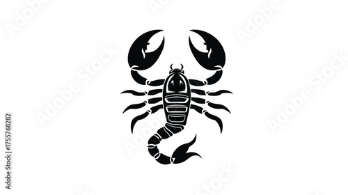 Stylized black scorpion graphic with segmented body, claws, and tail