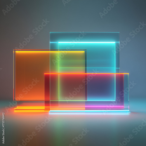 Layered frosted glass rectangles floating with neon rim light