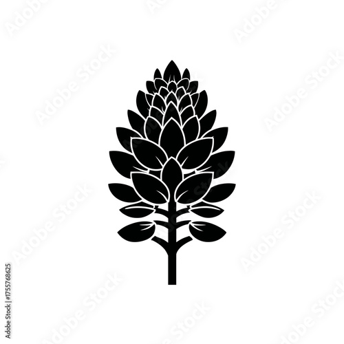 Black silhouette of a botanical specimen with layered leaves on a central stem