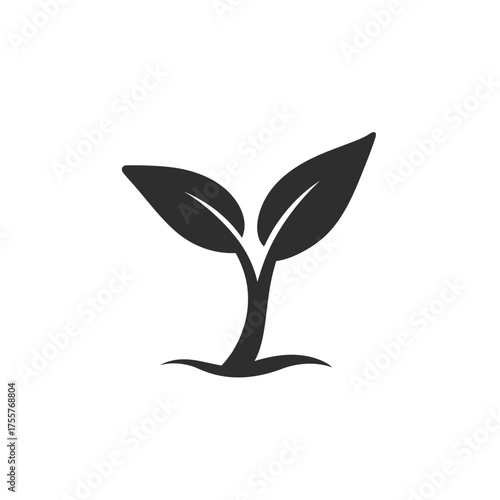 A black icon of a seedling with two leaves emerging from the ground