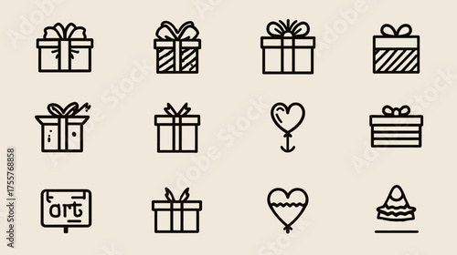 A collection of twelve simple line-art icons featuring gifts, hearts, and a cake