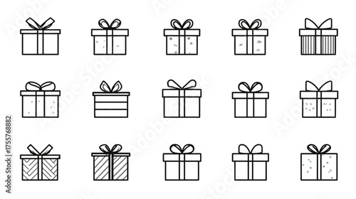 Collection of fifteen hand-drawn gift box icons with various patterns and bows