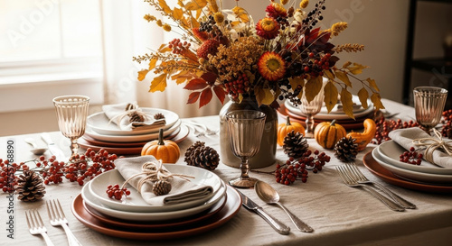 Beautiful autumn bouquet on the festive table. Stylish table setting for Thanksgiving Day, harvest .	