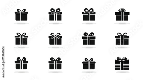 Twelve black silhouette gift boxes with bows, cast shadows
