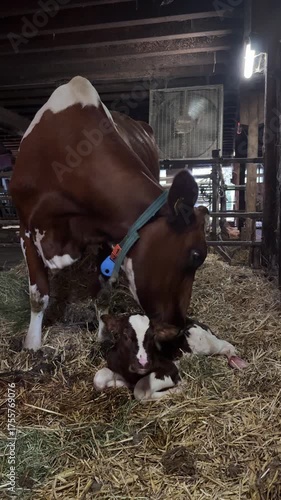 Mother cow gently licking her newborn calf