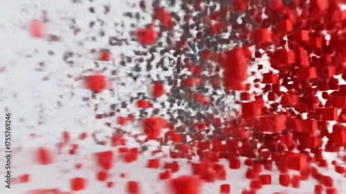 Abstract vortex of red and gray cubes against a white background