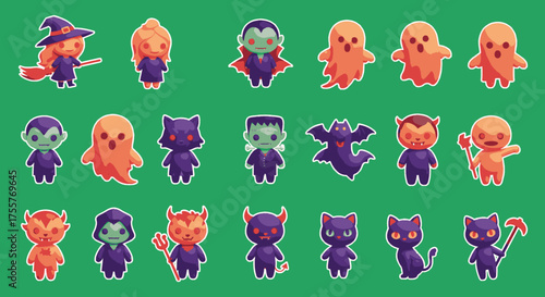 An enchanting array of adorable cartoon Halloween characters, featuring a cute witch, spooky vampires, friendly ghosts, and mischievous devils, ideal for festive graphic designs and seasonal projects.