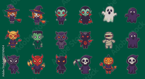 A charming collection of adorable cartoon Halloween characters and spooky monsters, perfect for festive designs and seasonal celebrations against a dark background.