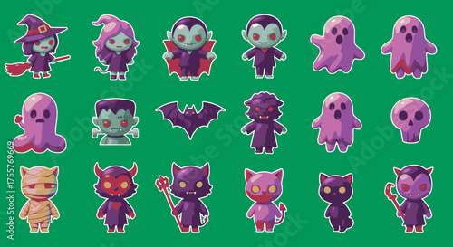 An adorable collection of cute pixel art Halloween characters including witches, vampires, ghosts, and mummies, ideal for festive holiday designs.