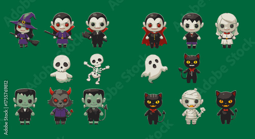 A charming collection of adorable cartoon Halloween characters, including witches, vampires, ghosts, and mummies, perfect for festive holiday designs.