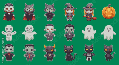 A charming array of twenty cute, stylized Halloween characters like friendly vampires, spooky ghosts, and playful witches on a bright green backdrop, ideal for seasonal celebrations.