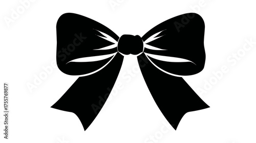 A symmetrical black bow tie graphic with flowing ribbon tails