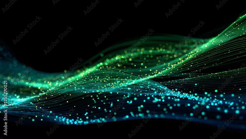 Obraz premium Abstract flowing digital data streams with glowing particles and light trails on a dark background isolated on transparent background