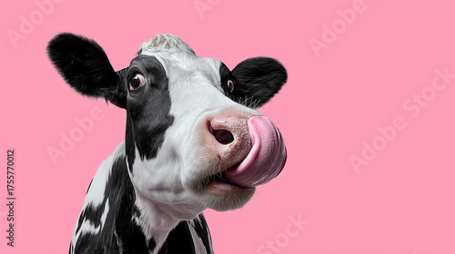 Funny cow licking its nose on pink background