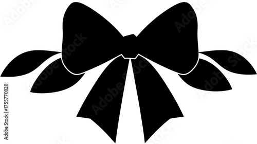A stylized black bow with three cascading ribbons on each side