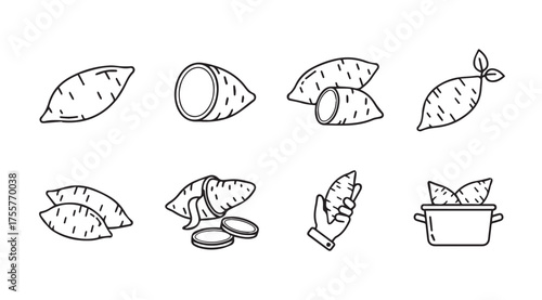 Whimsical hand drawn sweet potato icons representing raw produce and food preparation vector