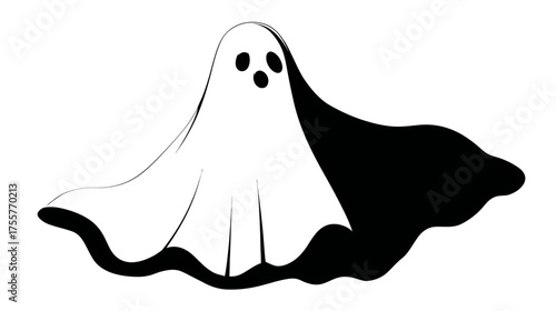 A black and white cartoon ghost with simple features and a flowing shadow
