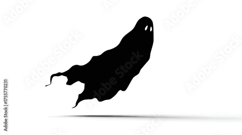 A black silhouetted ghost with two white eyes floats upwards