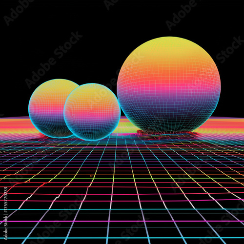 Abstract gradient spheres floating over grid floor, 80s synthwave colors