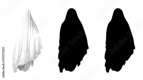 Three draped figures one white with shading, two solid black silhouettes