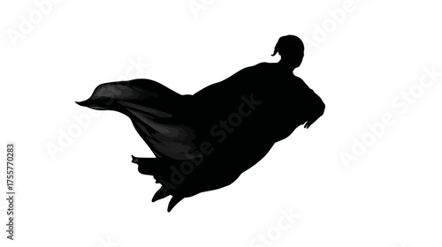 Silhouette of a figure in a flowing cape against a white background