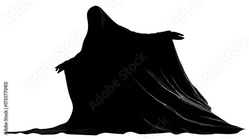 A black, flowing figure cloaked in fabric, with exposed hands