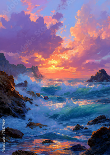painting of an extreme colorful sunset in a stormy sea with waves hitting the rocky shoreline