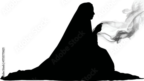 Silhouette of a veiled figure with smoke billowing from their hand