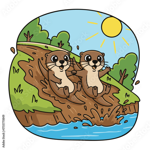 Two happy cute lovely sea otter cartoon illustration playing slides 