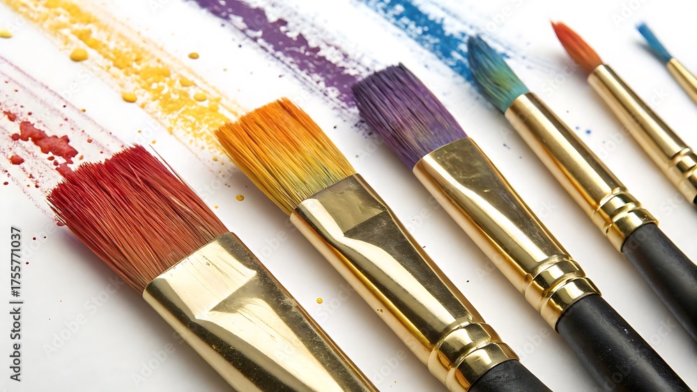 Fototapeta premium Colorful paint brushes with streaks of rainbow paint on a white background