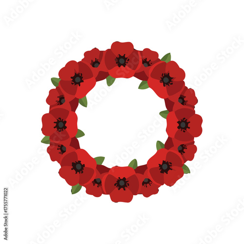 Circular wreath made red poppies with green leaves, isolated on transparent