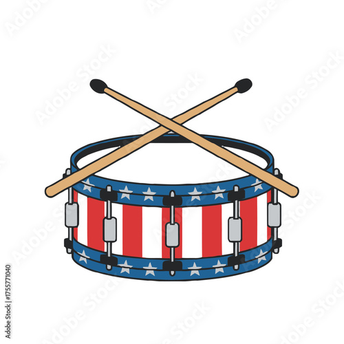 Snare drum decorated with american flag colors and stars, with drumsticks crossed on top, isolated on transparent, representing music and patriotism