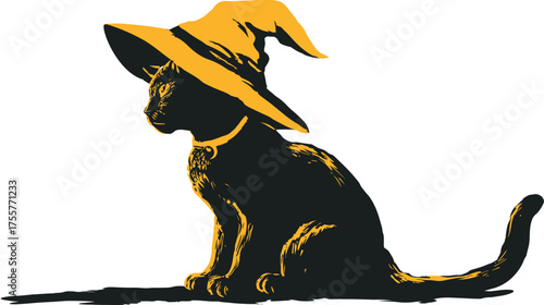 A black cat wearing a pointed orange witch hat and collar sits on a white background