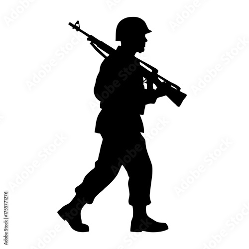 Silhouette soldier in uniform, carrying rifle over his shoulder, walking purposefully, , representing military service and duty