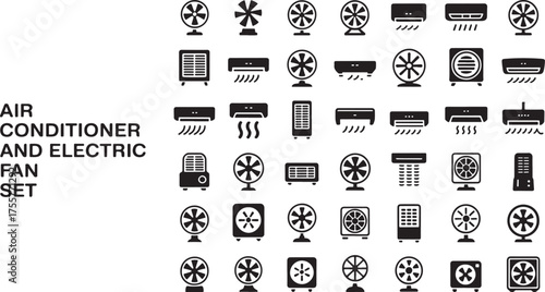 air conditioners and electric fans for modern design projects Collection of black icons bundle set