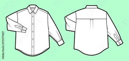 Classic Long-Sleeve Shirt – Front & Back Technical Flat Sketch with Button Placket, Box Pleat, and Curved Hem