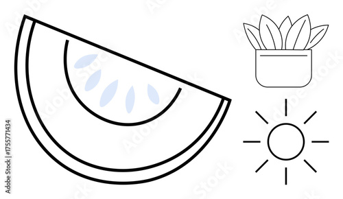 Watermelon slice with seeds, sun rays, and potted plant in clean lines. Ideal for wellness, nature, summer, simplicity, healthy living organic lifestyle sustainable living. A simple flat metaphor