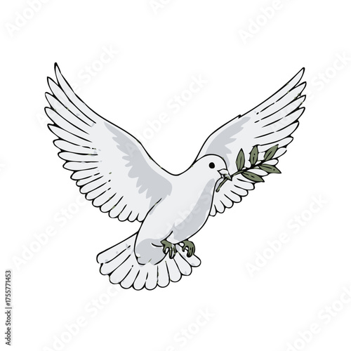 Dove with an olive branch in its beak, symbolizing peace and hope, flying against clean transparent