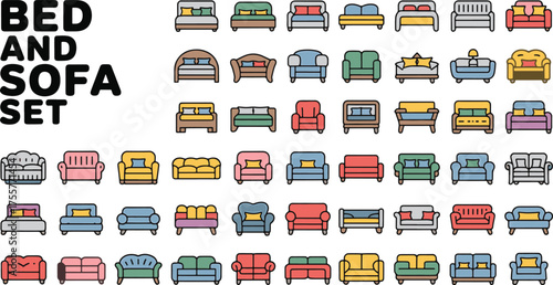 bed and sofa icons modern clean design elements for interior Colorful bundle set