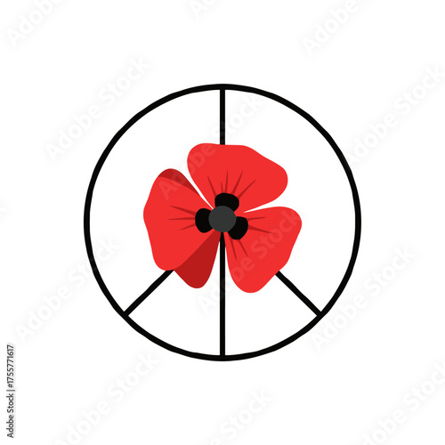 Red poppy flower inside peace symbol, isolated on transparent, symbolizing peace, remembrance, and antiwar sentiment