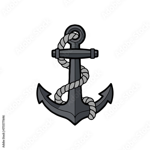 Classic dark gray anchor with thick rope wrapped around its shaft, isolated on transparent, symbolizing maritime, nautical, and seafaring themes